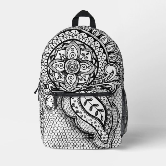 Black and White Mandala Mermaid Webbing Boho Chic Bedrukte Rugzak (Voorkant)