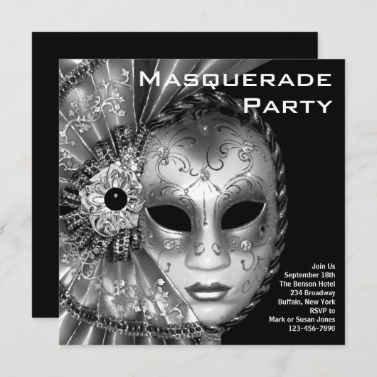 Black and White Masquerade Party Kaart (Voorkant / Achterkant)