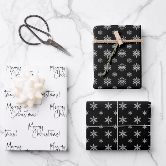Black and White Merry Christmas Snowflakes Inpakpapier Vel (Voorkant)