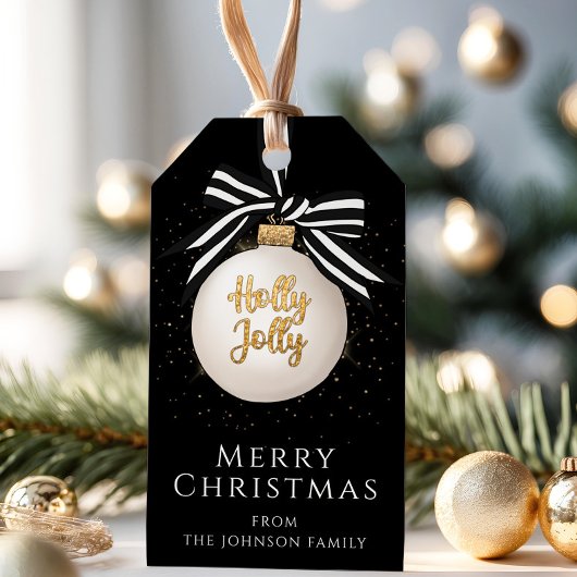 Black and White Merry kerst Bauble Cadeaulabel