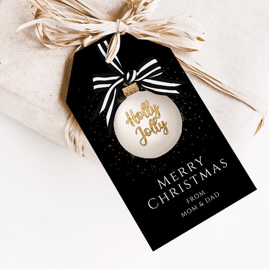 Black and White Merry kerst Bauble Cadeaulabel