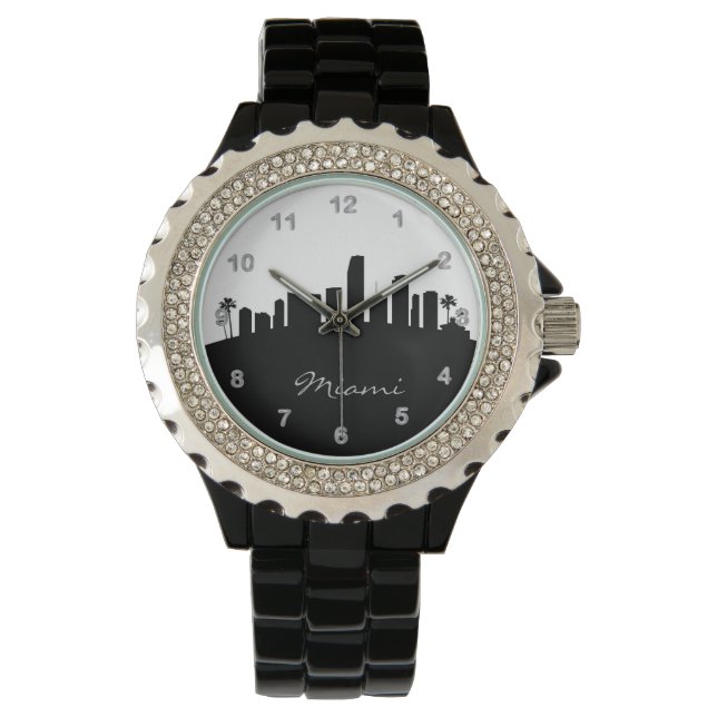 Black and White Miami, Florida Skyline Horloge (Voorkant)