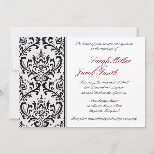 Black and White Modern Damask Wedding Kaart (Voorkant)