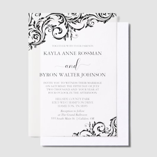 Black and White Modern Damask Wedding Vellum Uitnodigingen (Offset)