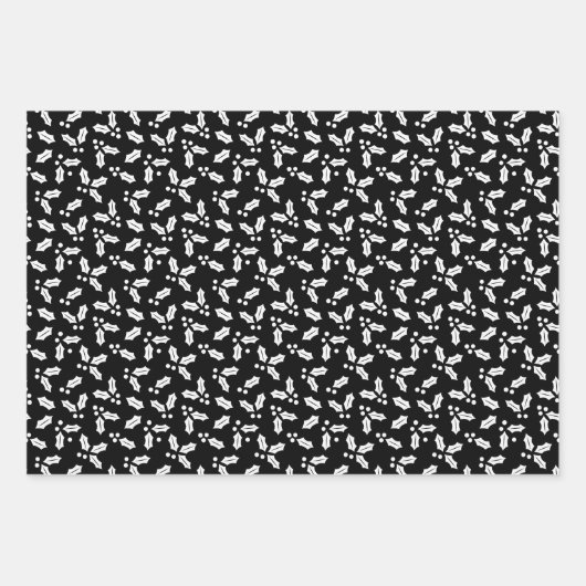 Black and White Modern Holly Sprig Inpakpapier Vel (Voorkant 3)