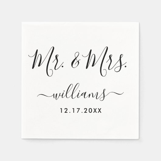 Black and White Modern Script Mr en Mrs Wedding Servet (Voorkant)