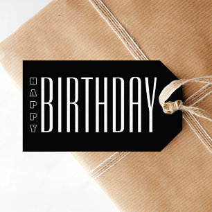 Black and White Modern Typografie Happy Birthday Cadeaulabel