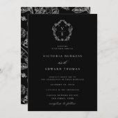 Black and White Monogram Crest Wedding Kaart (Voorkant / Achterkant)