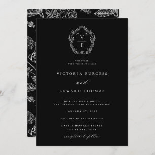 Black and White Monogram Crest Wedding Kaart