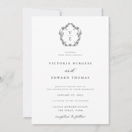Black and White Monogram Crest Wedding Kaart (Voorkant)