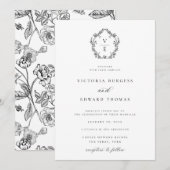 Black and White Monogram Crest Wedding Kaart (Voorkant / Achterkant)