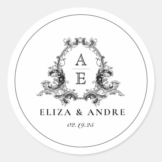 Black and White Monogram Crest Wedding Ronde Sticker (Voorkant)