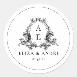 Black and White Monogram Crest Wedding Ronde Sticker