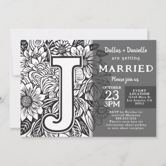Black and White Monogram J Tattoo Flowers Wedding Kaart (Voorkant)
