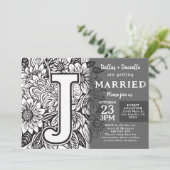 Black and White Monogram J Tattoo Flowers Wedding Kaart (Staand voorkant)