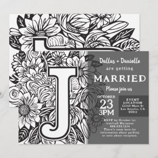 Black and White Monogram J Tattoo Flowers Wedding Kaart