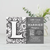 Black and White Monogram L Tattoo Flowers Wedding Kaart (Staand voorkant)