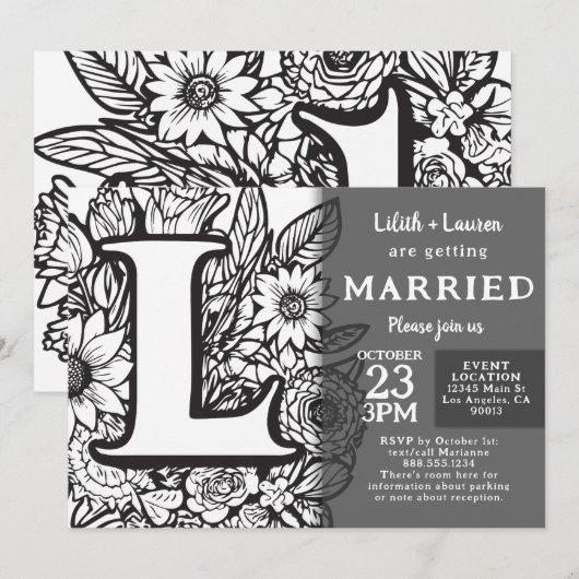 Black and White Monogram L Tattoo Flowers Wedding Kaart (Voorkant / Achterkant)