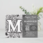 Black and White Monogram M Tattoo Flowers Wedding Kaart (Staand voorkant)