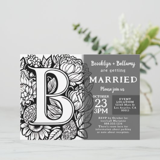 Black and White Monogram Tattoo Flowers Wedding Kaart (Staand voorkant)