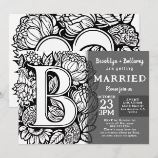 Black and White Monogram Tattoo Flowers Wedding Kaart