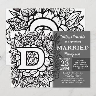 Black and White Monogram Tattoo Flowers Wedding Kaart