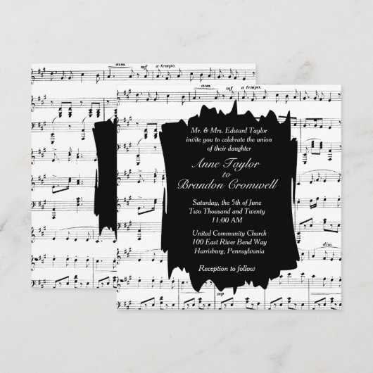 Black and White Music Theme Wedding Invitation Kaart (Voorkant / Achterkant)