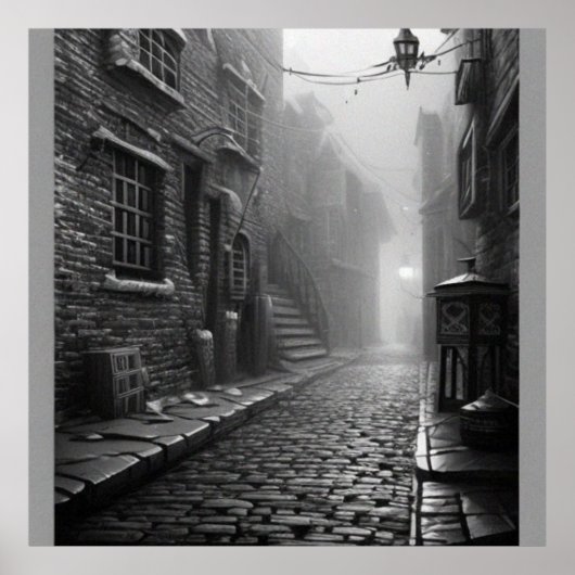 Black and White Mystery old Street in een oude sta Poster (Voorkant)