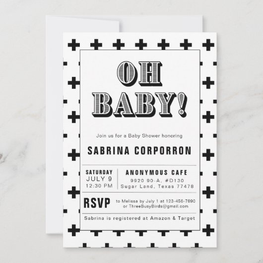 Black and White Oh Baby Invitation Kaart (Voorkant)