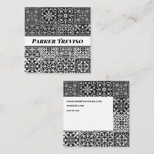 Black and White Paisley Patterned Tile Vierkante Visitekaartje (Voorkant / Achterkant)