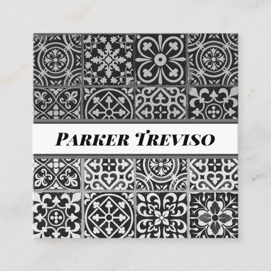 Black and White Paisley Patterned Tile Vierkante Visitekaartje (Voorkant)