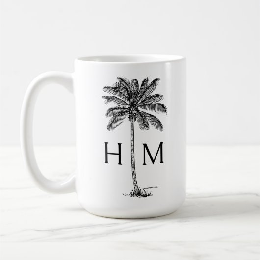 Black and White Palm Palmetto Tree Monogram Koffiemok (Links)