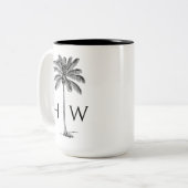 Black and White Palm Palmetto Tree Monogram Tweekleurige Koffiemok (Voorkant links)