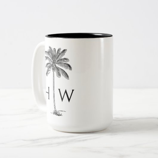 Black and White Palm Palmetto Tree Monogram Tweekleurige Koffiemok (Voorkant links)