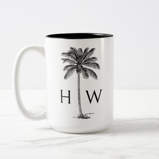 Black and White Palm Palmetto Tree Monogram Tweekleurige Koffiemok (Links)