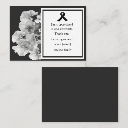 Black and White Pansy Funeral Bedankt Notitiekaartje (Voorkant / Achterkant)