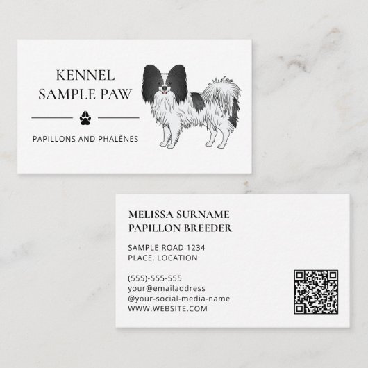 Black and White Papillon Cartoon Dog - Dog Kennel Visitekaartje (Voorkant / Achterkant)