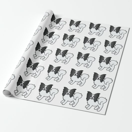 Black and White Papillon Cute Cartoon Dog Pattern Cadeaupapier (Uitgerold)