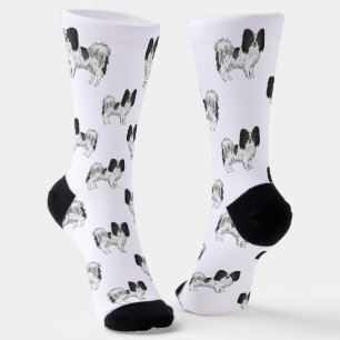 Black and White Papillon Cute Cartoon Dog Pattern Sokken