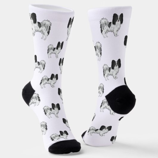 Black and White Papillon Cute Cartoon Dog Pattern Sokken (Gebogen)
