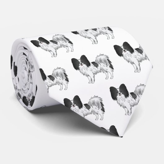 Black and White Papillon Cute Cartoon Dog Pattern Stropdas (Opgerold)