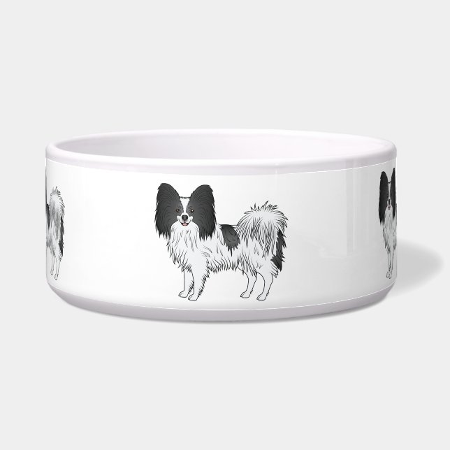 Black and White Papillon Cute Cartoon Dogs Voerbakje (Voorkant)