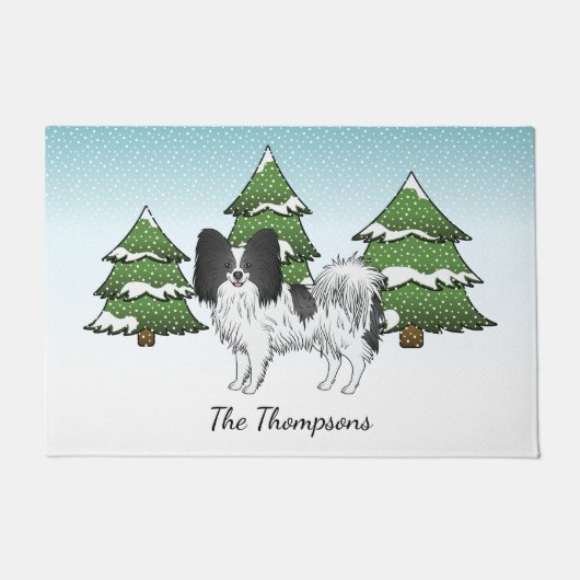 Black and White Papillon Cute Dog in Winter Forest Deurmat (Voorkant)