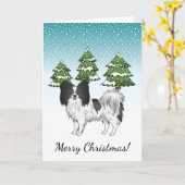 Black and White Papillon Cute Dog in Winter Forest Kaart (Gele Bloem)