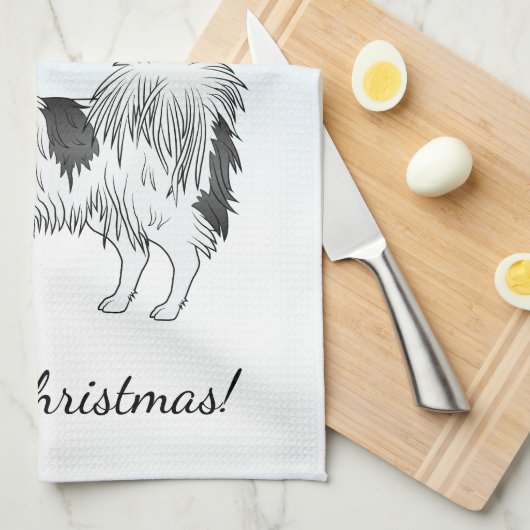 Black and White Papillon Cute Dog in Winter Forest Theedoek (Quarter Fold)