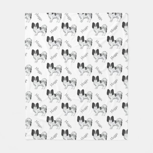 Black and White Papillon Dog Pattern met naam Fleece Deken (Voorkant)