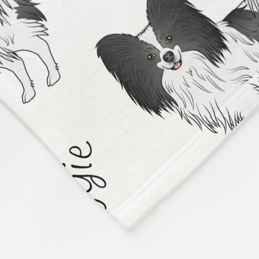 Black and White Papillon Dog Pattern met naam Fleece Deken (Hoek)