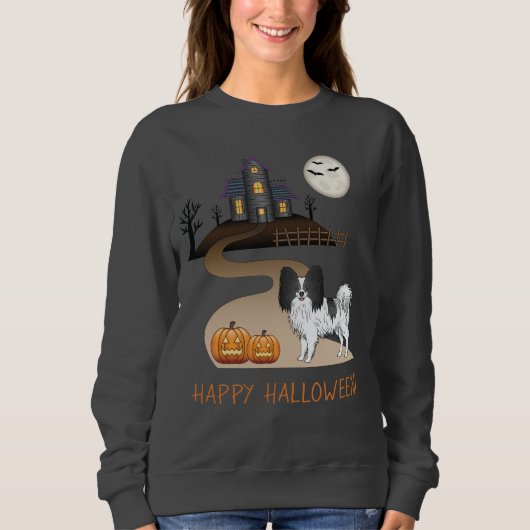 Black and White Papillon & Halloween Hauned House Trui (Voorkant)