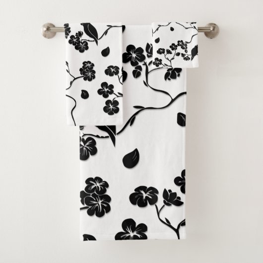 Black and White Pattern Birds on Cherry Blossoms Bad Handdoek (Insitu)