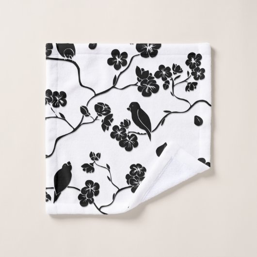 Black and White Pattern Birds on Cherry Blossoms Bad Handdoek (Wasdoekje)